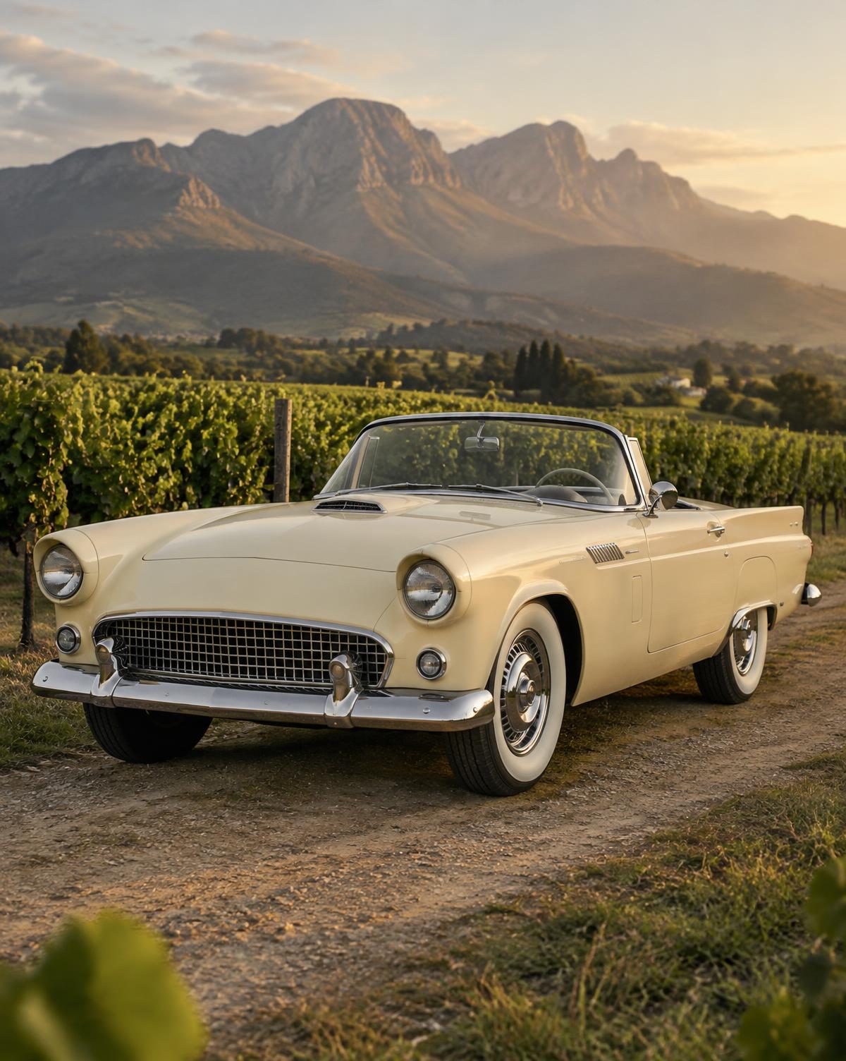 Ivory classic convertible on a vineyard lane