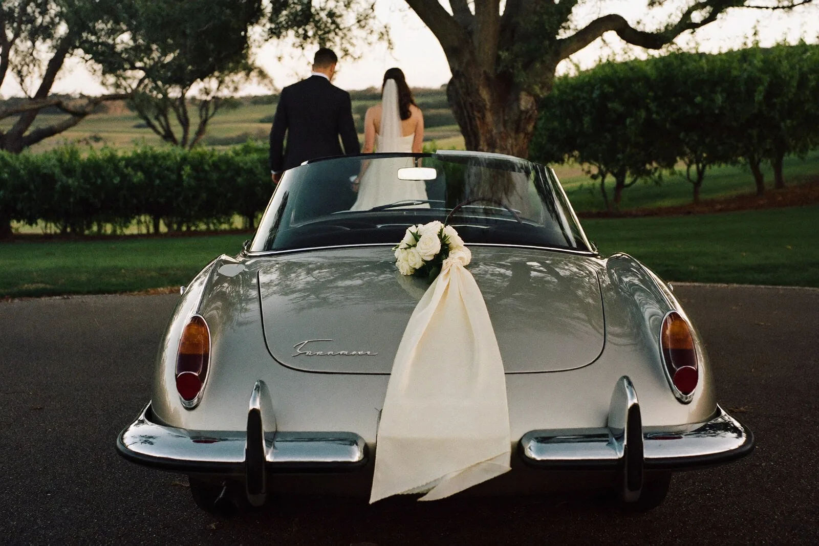 Silver classic convertible dressed with a cream ribbon and white roses, a couple walking away under oak trees