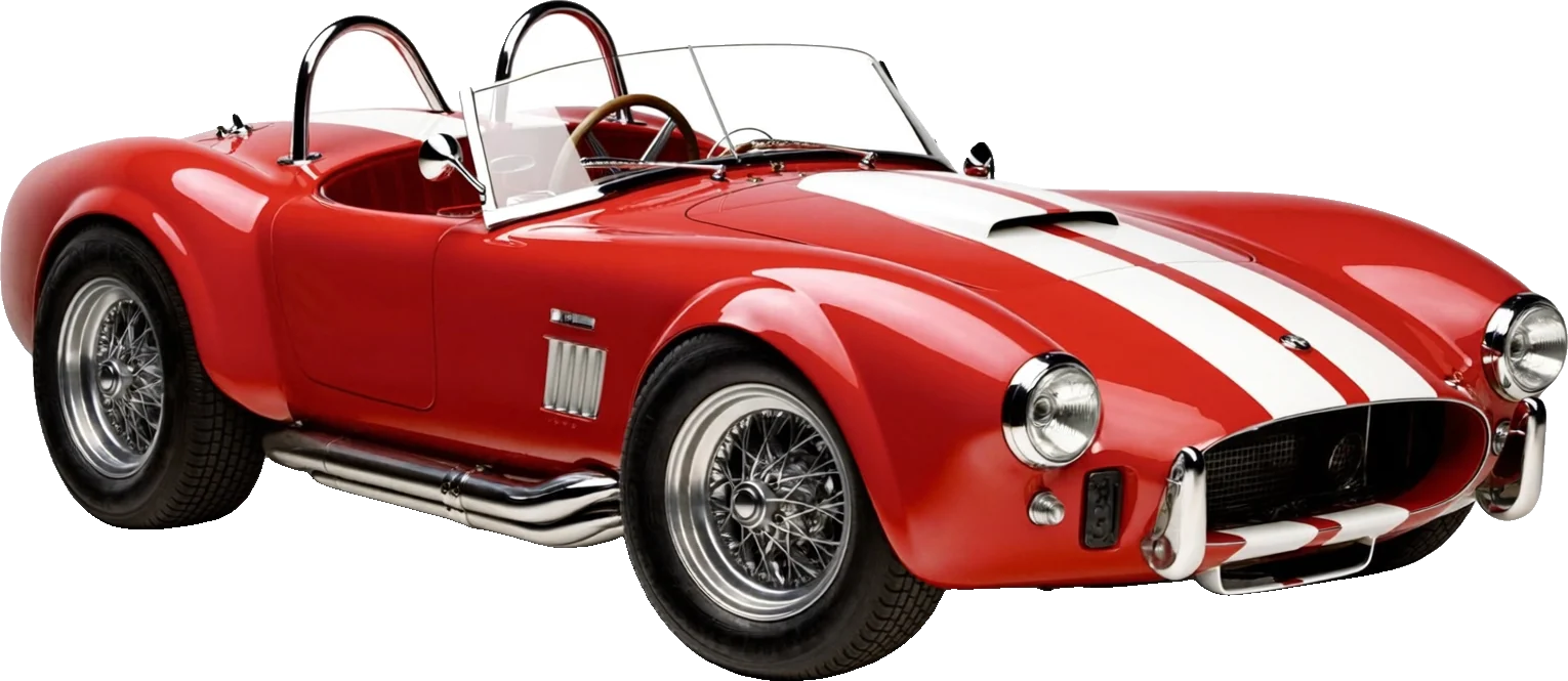 Red roadster with white stripes and roll hoops, three-quarter front view